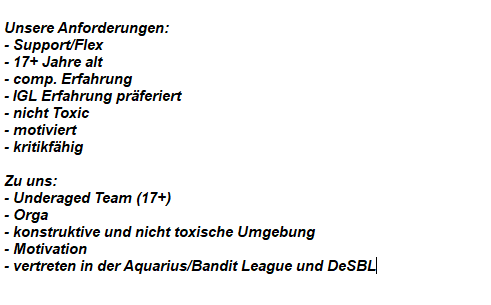 Ares Gaming Team Kronos ist LFP

Wir sind das 2. Rainbow Six Siege Team von <a href="/AresGamingDE/">Ares Gaming</a> und sind derzeit auf der Suche nach einem Spieler, um unser Lineup zu vervollständigen. 

Bei Fragen, etc. bitte an <a href="/Nitro_R6s/">Bastian 'Nitro' G.</a> wenden!
<a href="/LFT_R6_EU/">LFT/LFS/LFO/LFP 🇪🇺</a>