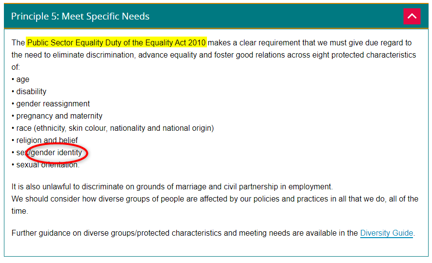 . @DevonCC’s Equality Policy - Equality and Diversity discusses their Public Sector Equality Duty (the subject of the webinar) and lists the PCs under the Act but includes “sex/gender identity”. This is not the PC. https://www.devon.gov.uk/equality/policy-and-legislation/equality-policy10/19