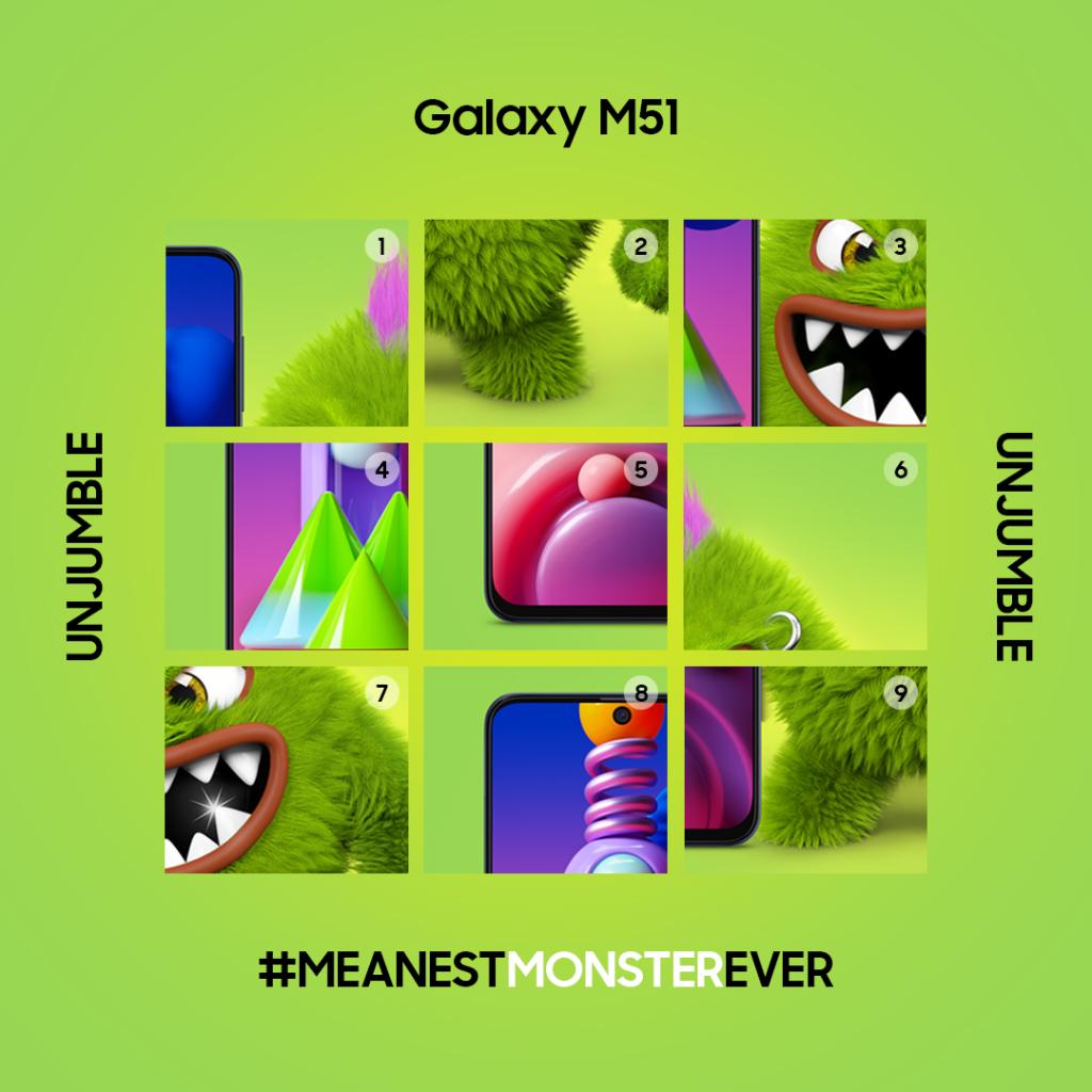 SamsungIndia's tweet photo. The all-new #SamsungM51 and Mo-B, the monster go head-to-head for the #MeanestMonsterEver title. While they are prepping, you can unjumble their picture with the help of respective numbers in chronological order. https://t.co/qiE7UFbDGf