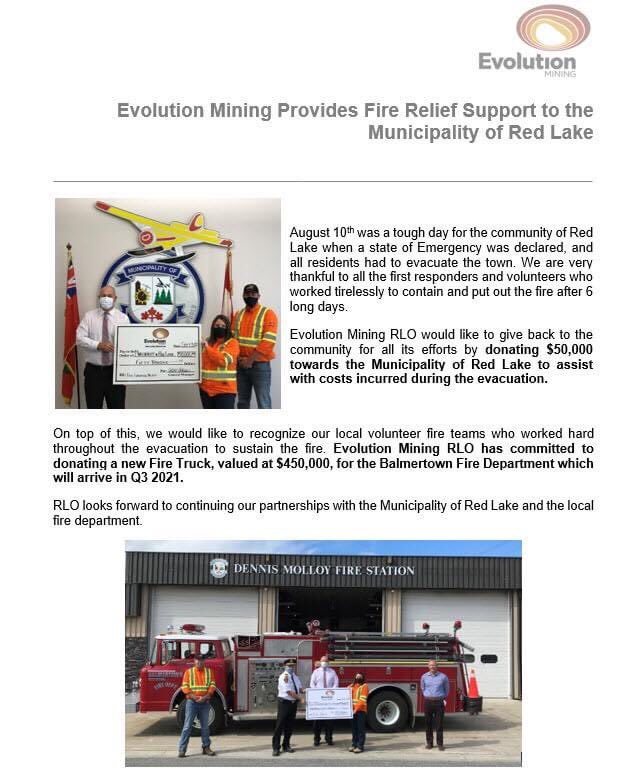 JanetHagerRL's tweet photo. The generosity of #EvolutionMining is amazing. On top of a $50,000 donation to @redlakeontario to assist with the #RED49 evacuation they are donating a brand new fire truck too. This is why #RedLake is such a great place to live. https://t.co/CpTesex4zz