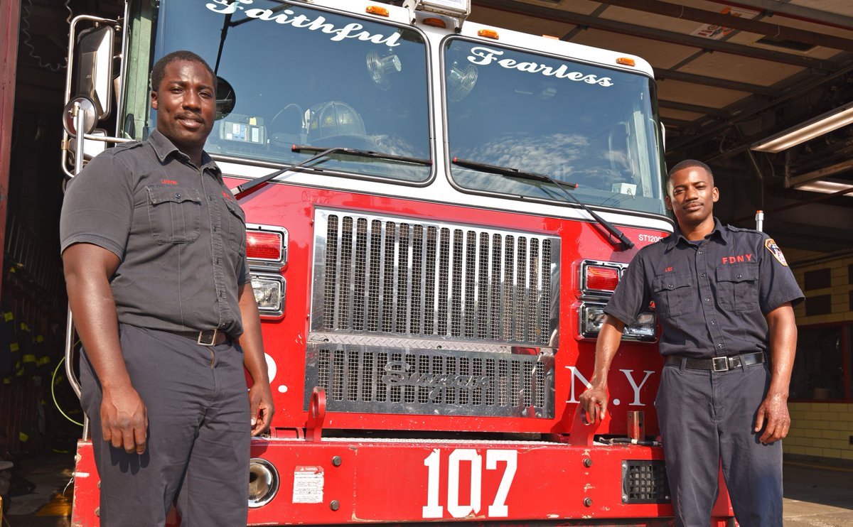 joinFDNY's tweet photo. Meet #Ladder107 Firefighters Khalid Lewis and Khalid Lee.   
  
One is from Brooklyn. One is from Queens. But both became inspired to join the FDNY at a very young age.
  
Catch some of our #FridayVibes today by learning more about these two heroes at https://t.co/hU2dCATOTD. https://t.co/Nu7bB69bFG