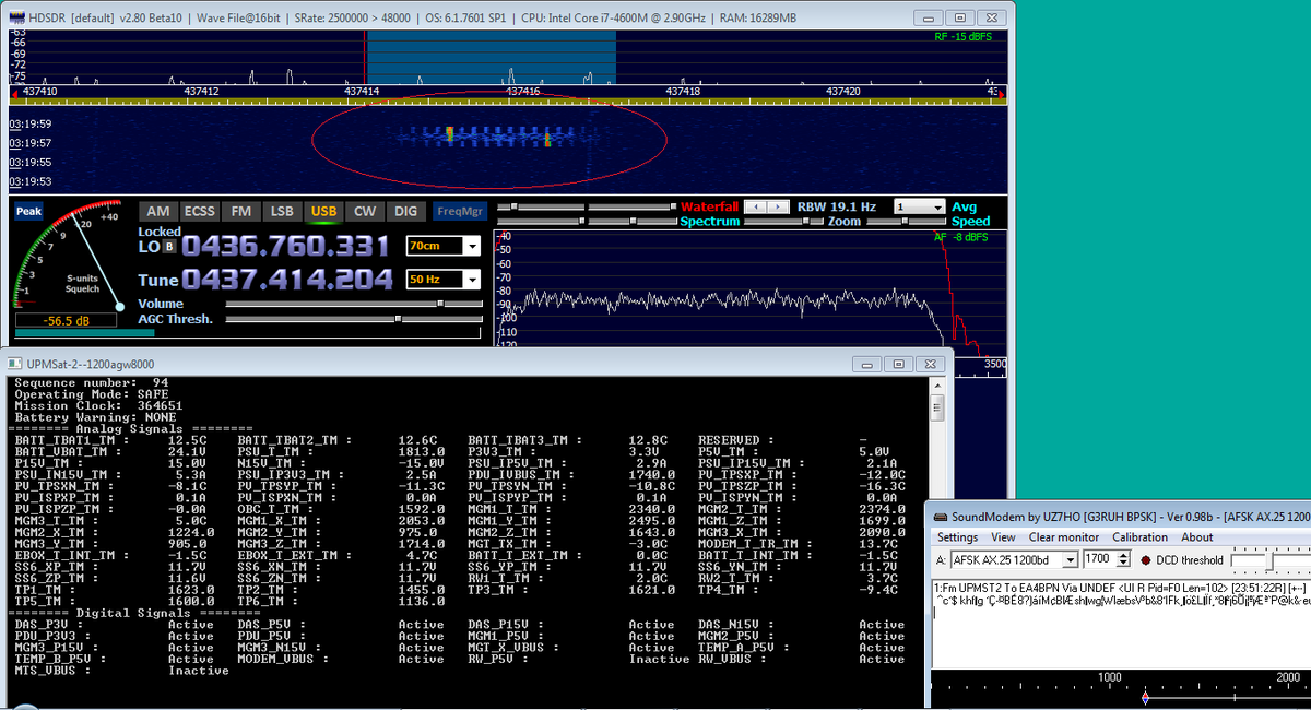scott23192's tweet photo. 1st good pass here of the VV16 sats 0321utc; nothing heard from AmicalSat but lots of decodes from other stations, so it's alive.  10 strong packets decoded from @IDR_Aeronautic UPMSat-2 on I/Q replay - congrats to the team! https://t.co/J9sRPOw55U