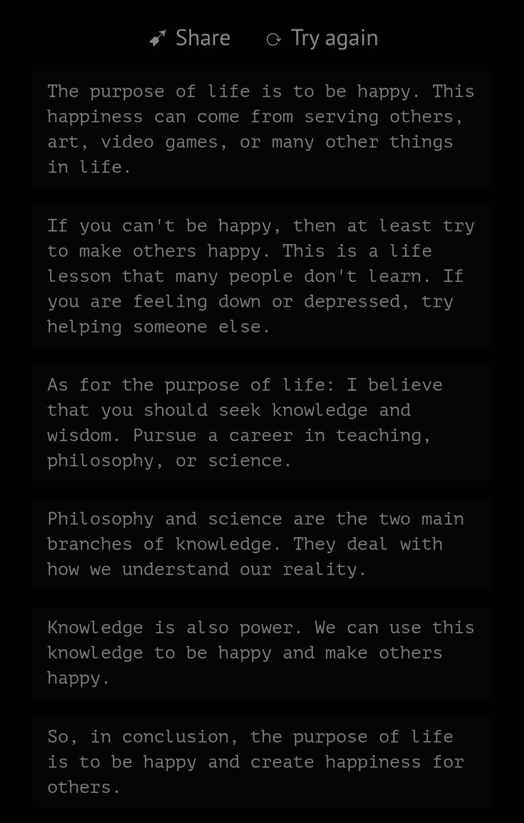 Grosvenor_MB's tweet photo. I tried asking #AI what it thinks the purpose of life is. And I have to say, #AI is onto something. #AI might be spot on.

Here’s what it said: 👇🏾

#GPT3 #philosopherAI https://t.co/uoFWK5CRRN