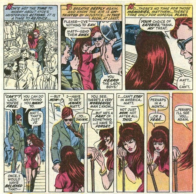 Natasha is being accused of killing the Scorpion. The police try to take her in she makes her escape. DD finds her, they fight, and then, he drops her off with the police. In prison, Matt offers to represent her in court. Nice words, Matt. In the end, she's freed.DD #831972