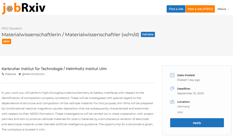 jobRxiv's tweet image. #ScienceJobs:

Materialwissenschaftlerin / Materialwissenschaftler (w/m/d)

Karlsruher Institut für Technologie / Helmholtz Institut Ulm (@HelmholtzUlm), Germany

jobrxiv.org/job/karlsruher…

#phdposition #bigmap