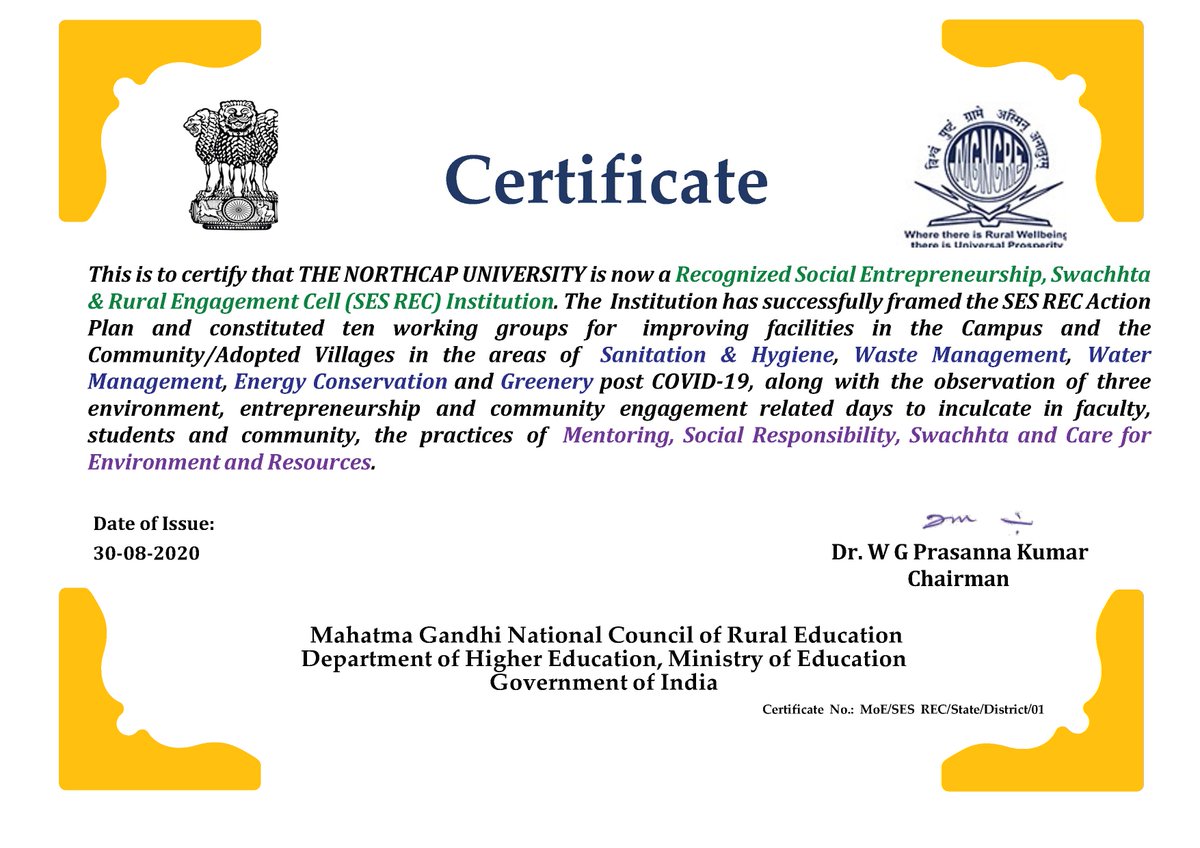 NCUGurgaon's tweet photo. NCU’s commitment towards social responsibility, care for environment and cleanliness is reflected in it’s recent recognition by Mahatma Gandhi National Council of Rural Education (MGNCRE), Department of Higher Education, Ministry of Education, Govt. of India https://t.co/UeuEtMOxC1