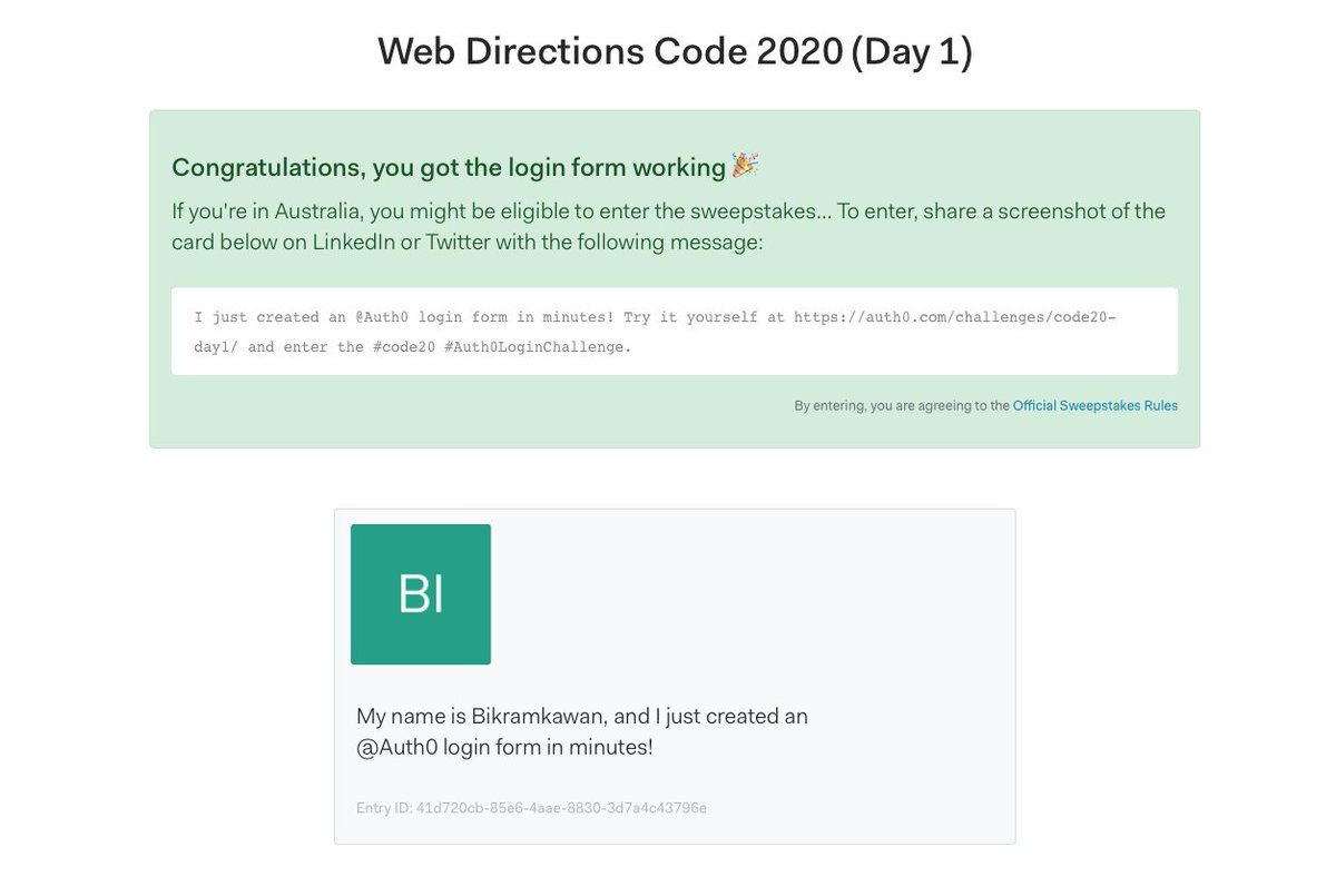 bikramkawan's tweet photo. I just created an @Auth0 login form in minutes! Try it yourself at https://t.co/LOEC4mjN5s and enter the #code20 #Auth0LoginChallenge. https://t.co/9piRYW0AXY