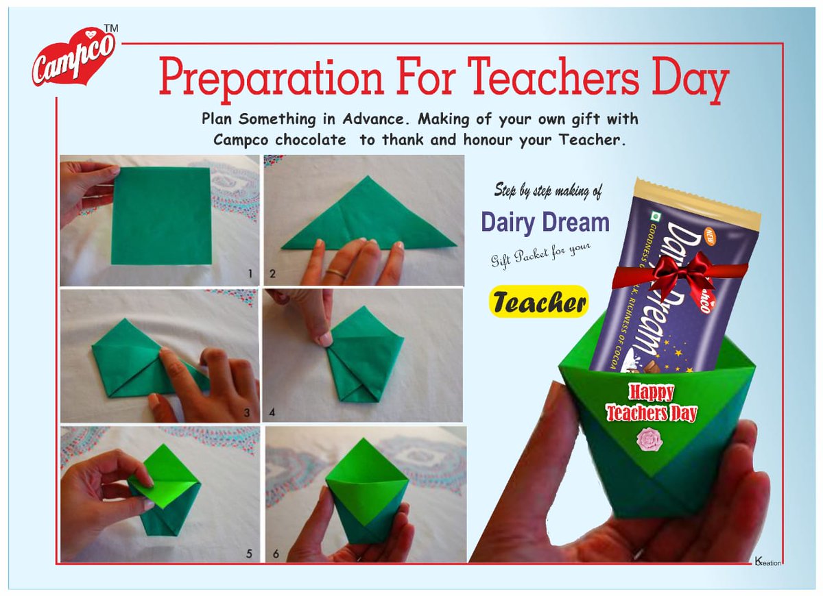 campcochocolate's tweet photo. Preparation for #TeachersDay Plan something in advance. Making of your own gift with #CampcoChocolates to thank and honour you Teacher #CampcoChocolatesIndia #CampcoIndia #Chocolates #SwadeshiChocolate Step by Step making of #DairyDream #Gift packet for your #TeachersDay #craft https://t.co/BIZPEFWSkL