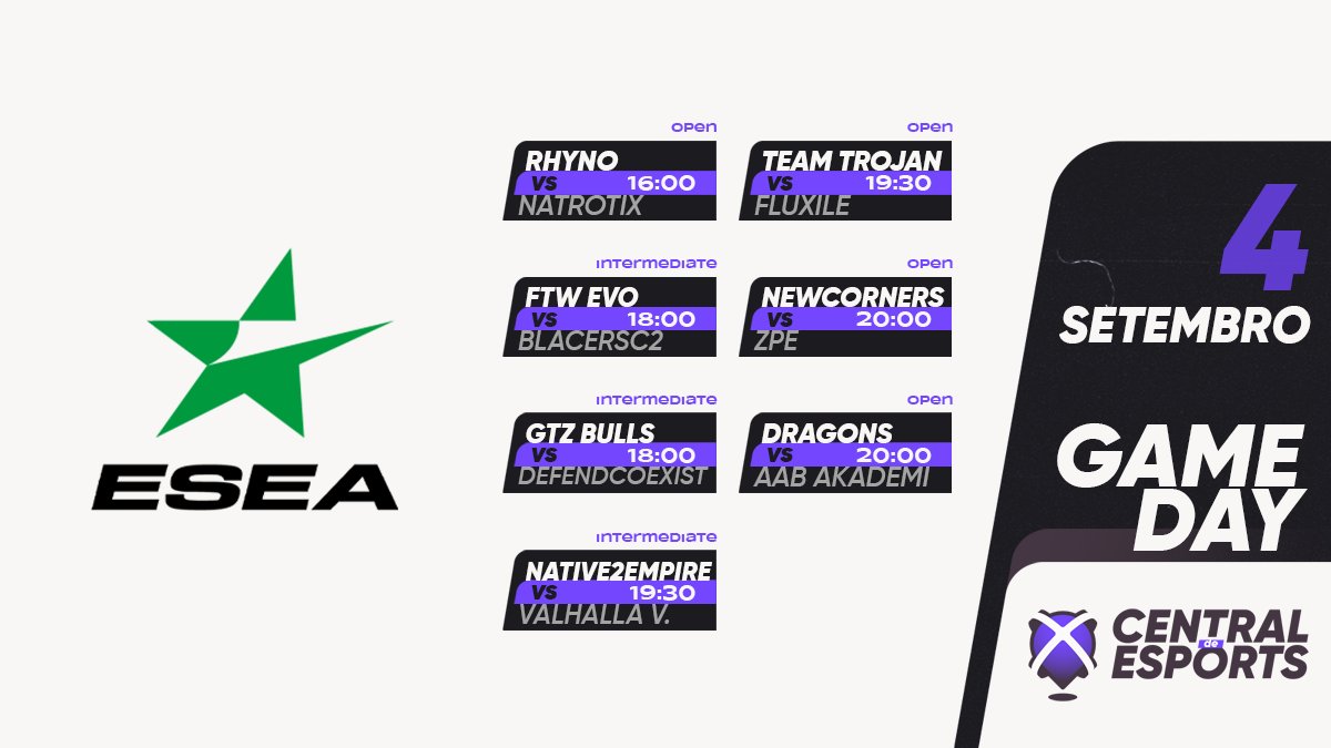 CentralDEsports's tweet photo. 🏆 @ESEA
16h
🇵🇹@RhynoEsports_ vs #NatrotiX🇩🇪
18h
🇵🇹@ftwesports.Evo vs @BlacerSC2🇵🇱
🇵🇹@GTZBulls vs #DefendCoexist🇪🇺
19h30
🇵🇹@TheOfficialN2E vs @ValhallaVikingz🇸🇪
🇵🇹@TeamTrojan vs #Fluxile🇷🇺
20h
🇵🇹#newcorners vs @TeamZPE🇬🇧
21h
🇩🇪🇵🇹@EDRAG0NS vs @AaBesport.Akademi🇩🇰
#CDEgameday https://t.co/6UaZMvnxJP
