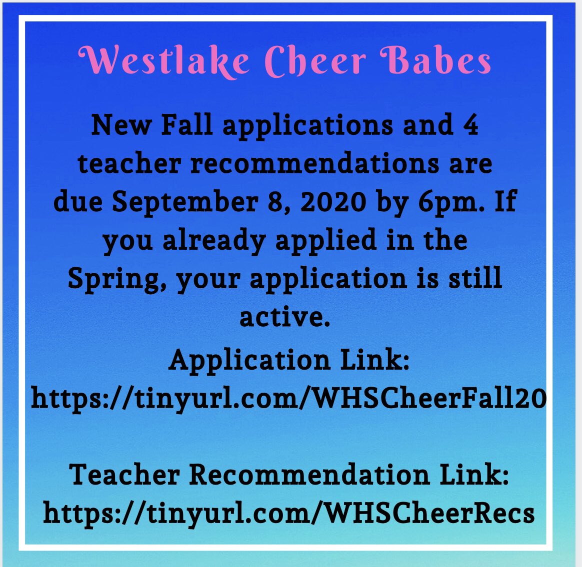 Cheer applications and recommendations are due 9/8/20. Attire is white shirt and gray shorts. See you next week!!! <a href="/westlakelions/">Westlake High School</a> <a href="/Coach_CGreen/">Carl Green,CAA</a> <a href="/JKRobinsonEDU/">Jamar Robinson</a>