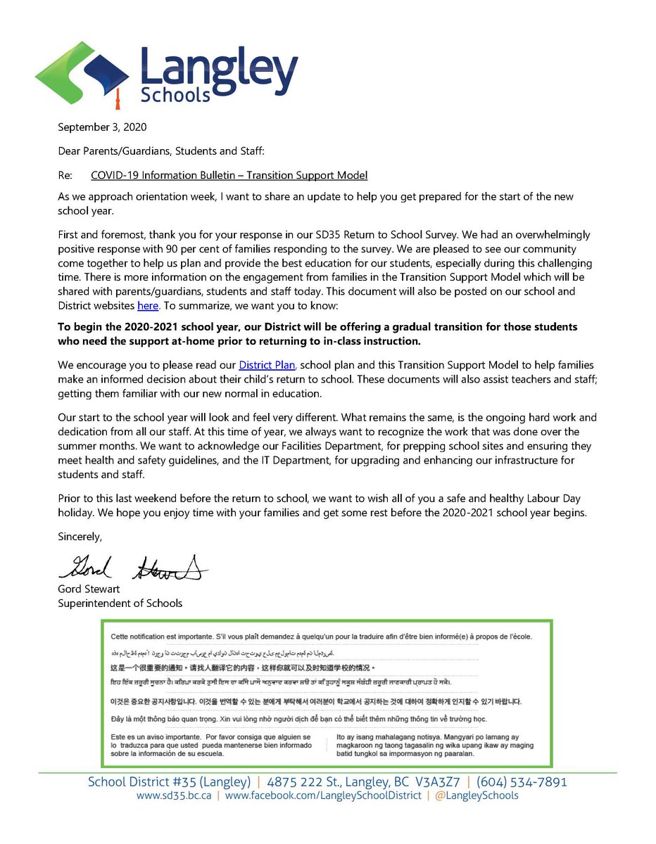 Langley Schools Important Info Read Our Transition Support Model A Gradual Transition For Those Students Who Need The Support At Home Prior To Returning To In Class Instruction See The Update