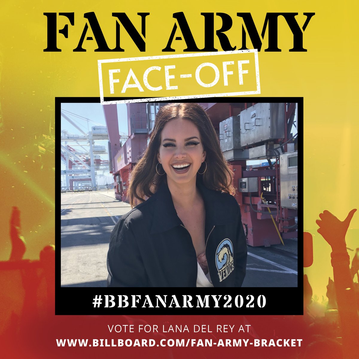 billboard's tweet photo. It’s the #BTSARMY vs. #LanaDelRey’s fan army for round 1 of #BBFanArmy2020! 

Vote for your favorite here: https://t.co/IGhPu2U1t7 https://t.co/9P3XT00ahn