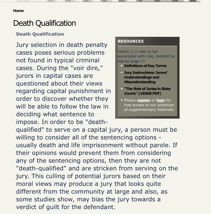 DavidLeegarlock's tweet photo. #DeathQualification
How can someone who is facing a Capital offense have a fair trial with jurors of his peers, when those who don’t believe in the Death Penalty are stricken?
This is setting up the person who is charged to be found guilty. 

Is this FAIR? https://t.co/IiVfBm2gU9