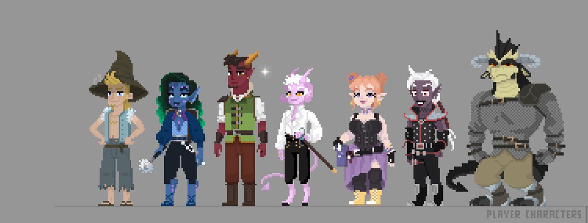 AustenWeitzel's tweet photo. Lately I’ve been doing pixel art of a long running dnd5e campaign I’ve been a part of. Thanks to @JGraceArt for running such an amazing game!
I’m trying to do portraits of all the main NPCs and PCs... 
here’s the whole gang all together. More to come! https://t.co/Fgwx2rQDlM