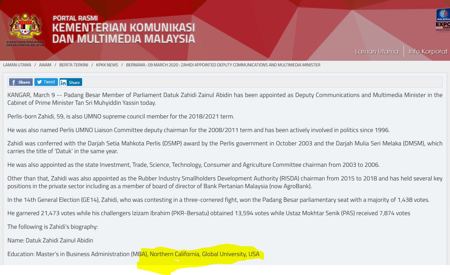 Ken On Twitter Yb Timb Menteri Zahidi Zainul Abidin Menyenaraikan Ijazah Sarjana Mba Dari Ncgu Sebagai Kelayakan Akademik Beliau Di Portal Rasmi Kkmm Gov Bernamadotcom Ncgu Adalah Sebuah Degree Mill Yang
