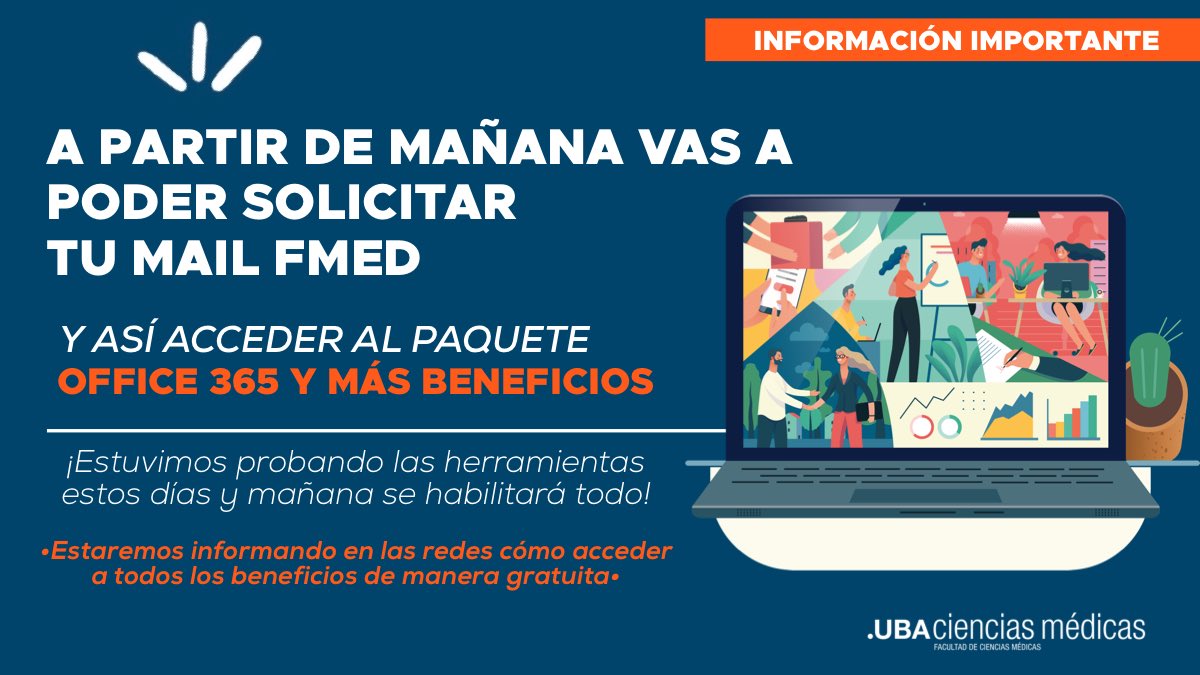csmedicasuba's tweet photo. CIENCIAS MÉDICAS ONLINE 🖥️

Desde la Facultad de Ciencias Médicas queremos informar que a partir de mañana van a poder acceder a los siguientes beneficios:

-Office 365 educativo GRATIS
-G-suite con almacenamiento de Google Drive ilimitado GRATIS
-Google Meet y Teams GRATIS https://t.co/4hmhXW8Ofy