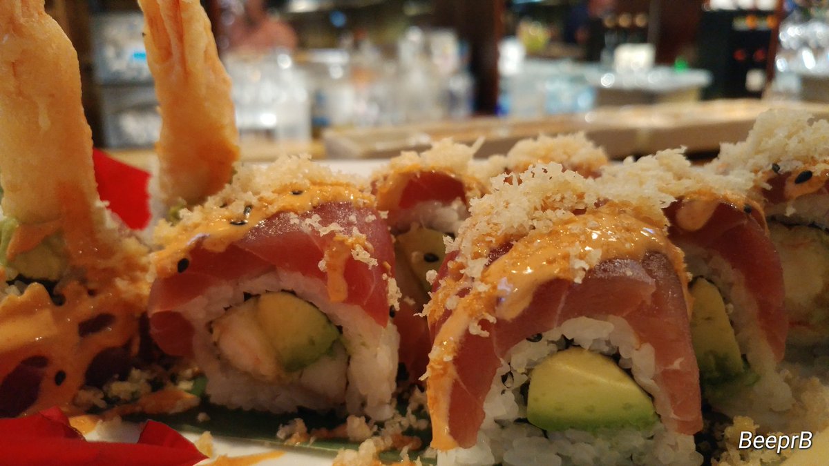 BeeprBuzz's tweet photo. I tried a new roll tonight at Ziki. 

Heavily influenced by our weather tonight, the Bam Bam Roll. 

Shrimp Tempura, Crabstick, avocado, tuna, crunchy, spicy mayo (ask for extra😉) &amp; eel sauce. Wicked good.

#ZikiAnnapolis = #BeeprBuzzPick for sushi in #Annapolis !❤ #BeeprBuzz https://t.co/W8zoO9bIvr