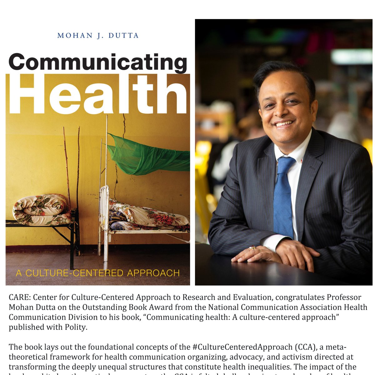 CAREMasseyNZ's tweet image. @CAREMasseyNZ team congratulates Prof. Mohan Dutta on the &quot;Outstanding Book Award&quot; from @NatComm National Communication Association #HealthCommunication Division to his book, “Communicating health: A culture-centered approach” published with @politybooks 
#CAREMassey #Natcomm