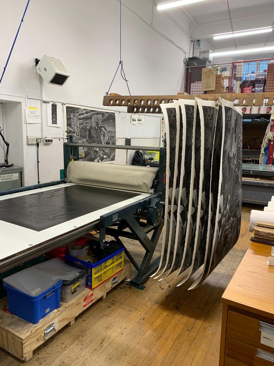 AdeAdesinaink's tweet photo. Printing A l’aube (sunrise)...101cm-147cm..2020. #linocutprint #collaboration Ade Adesina/ Florence Poirier Nkpa. #print #lino #linocut #printmaking #adeadesina #florencepoiriernkpa #sunrise #alaube #editioning #edition #printing #inkinpaper #ink #printstudio #scotland https://t.co/xWMCfPswFU