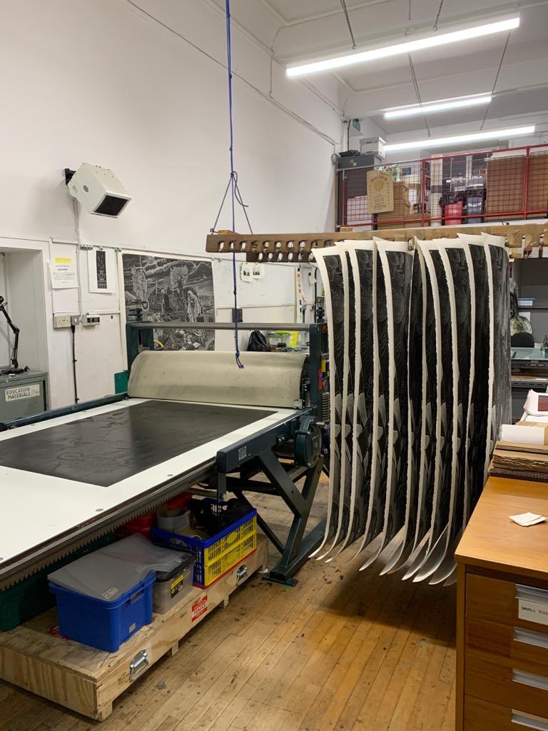 AdeAdesinaink's tweet photo. Printing A l’aube (sunrise)...101cm-147cm..2020. #linocutprint #collaboration Ade Adesina/ Florence Poirier Nkpa. #print #lino #linocut #printmaking #adeadesina #florencepoiriernkpa #sunrise #alaube #editioning #edition #printing #inkinpaper #ink #printstudio #scotland https://t.co/xWMCfPswFU