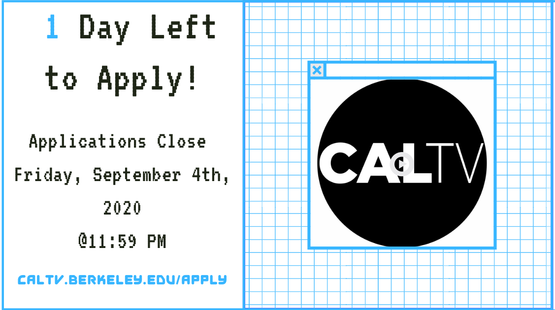 CalTV's tweet photo. The clock is running ⏱️
CalTV applications will close tomorrow at midnight ‼️
Get your application IN

Still have questions? Email us at exec@caltv.berkeley.edu 

#CalTV #UCBerkeley #Cal #Berkeley #GoBears https://t.co/WyYt8mU79n