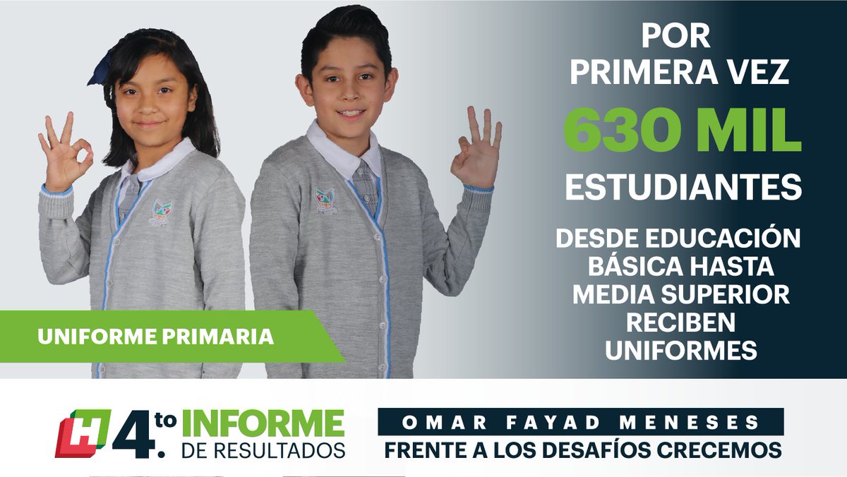 omarfayad's tweet photo. Hemos invertido 380 millones de pesos para que más de 630 mil estudiantes de Educación Básica y Media Superior reciban uniformes escolares gratuitos. Apoyamos la economía de sus familias y logramos mejores oportunidades para la juventud hidalguense. #FrenteALosDesafíosCrecemos💪🏼 https://t.co/kqy5LRzSTK