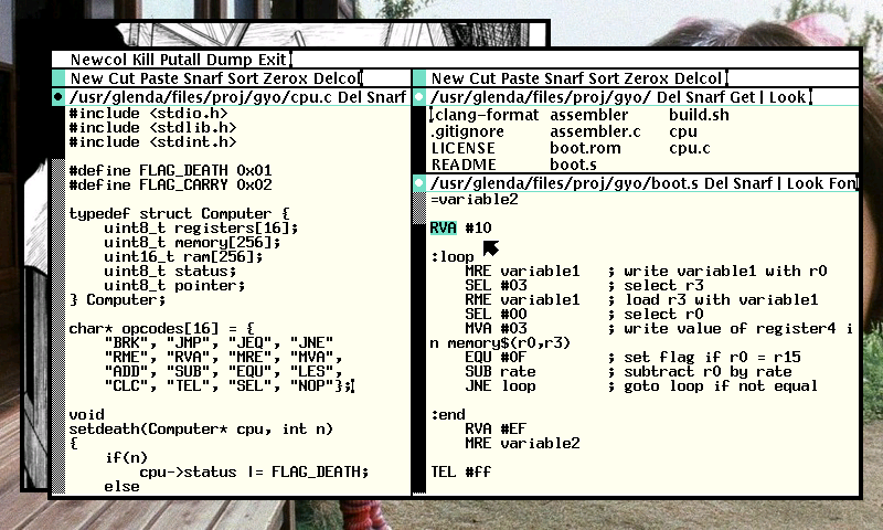 Made-up a tiny imaginary computer with 16 registers, 256 addressable rom & memory addresses. The cpu understands 16 made-up opcodes, and there's even a little assembler for it. All within 400 LOCs.pict: the assembler, the step debugger, and zeropage. https://git.sr.ht/~rabbits/gyo 