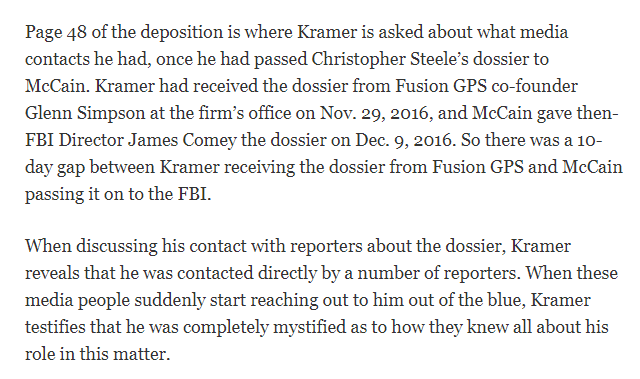 Here's Kramer testifying about reporters he'd never had contact before calling him up to ask if McCain had given Comey the dossier yet. Mother Jones, The Guardian, ABC News & WaPo all contacted him about if McCain had made the handoff yet.