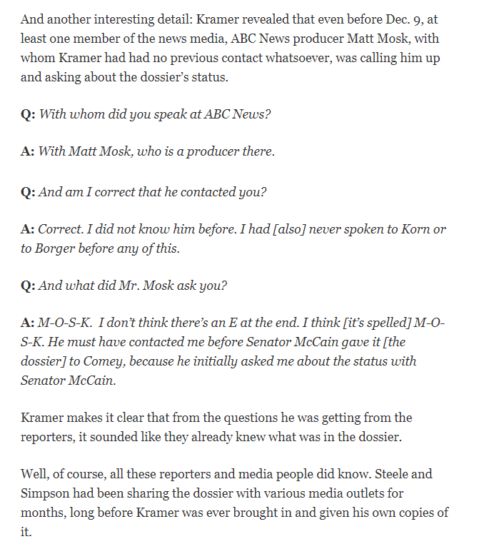 Here's Kramer testifying about reporters he'd never had contact before calling him up to ask if McCain had given Comey the dossier yet. Mother Jones, The Guardian, ABC News & WaPo all contacted him about if McCain had made the handoff yet.