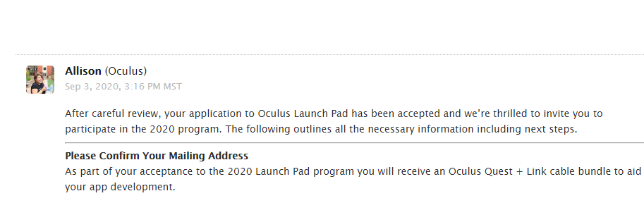ThomasKildren's tweet photo. Just got accepted into Oculus Launch Pad! https://t.co/v6baDUaTUb