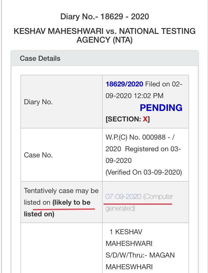 Sumit23133394's tweet photo. #NEET postponement is registered, verified &amp; likely to be listed on 07.09.2020 (Monday).

#posponejee_neet #SupremeCourt_PostponeNEETJEE https://t.co/sceKnK3jAU