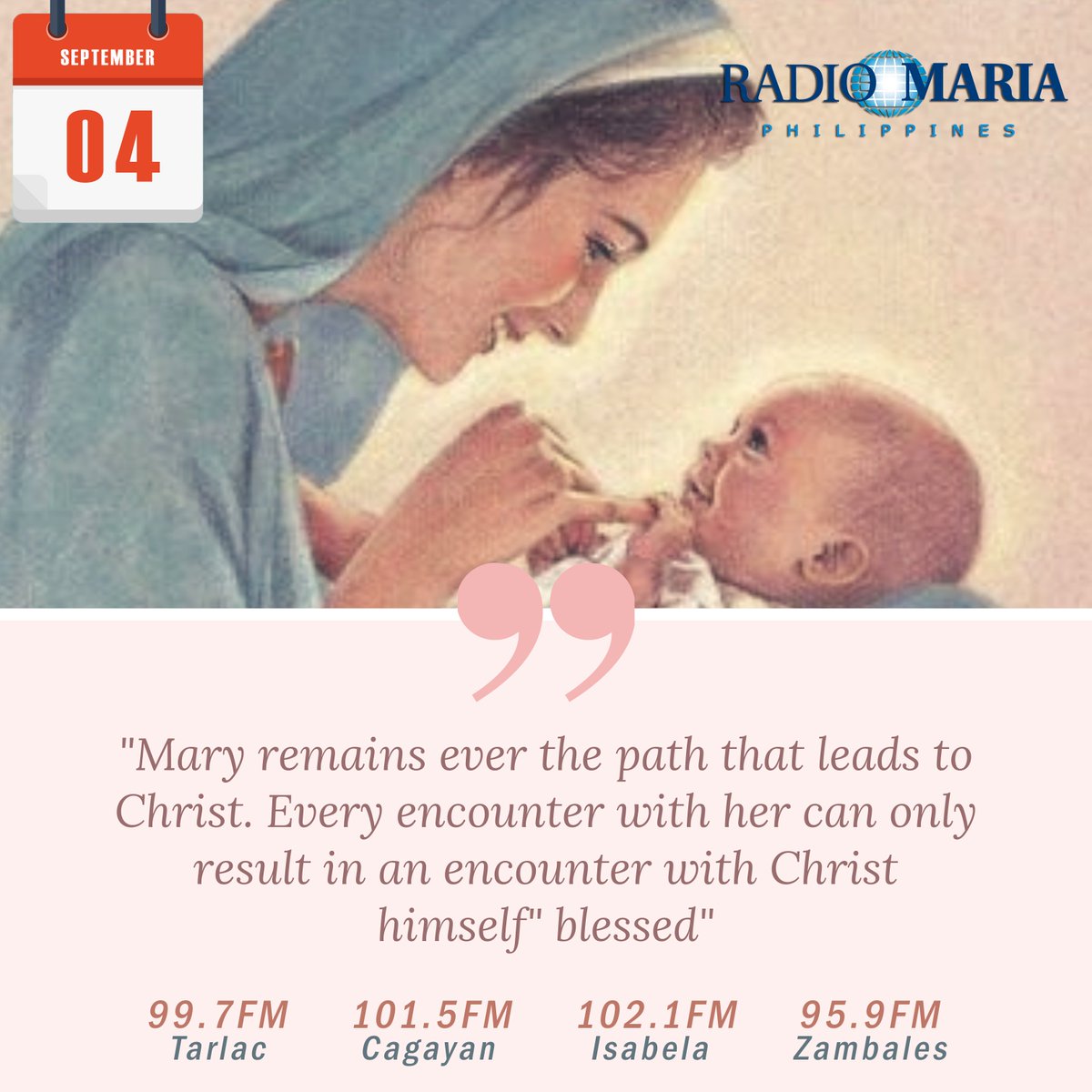 RadioMariaPH's tweet photo. "Mary remains ever the path that leads to Christ. Every encounter with her can only result in an encounter with Christ himself"
blessed.
Pope Paul VI
#radiomariaphilippines #WeHealAsOne #WePrayAsOne #FightCOVIDTogether #beKALAKBAY #beaVOLUNTEER
#RadioMariaPH https://t.co/cKOIS3cUb1