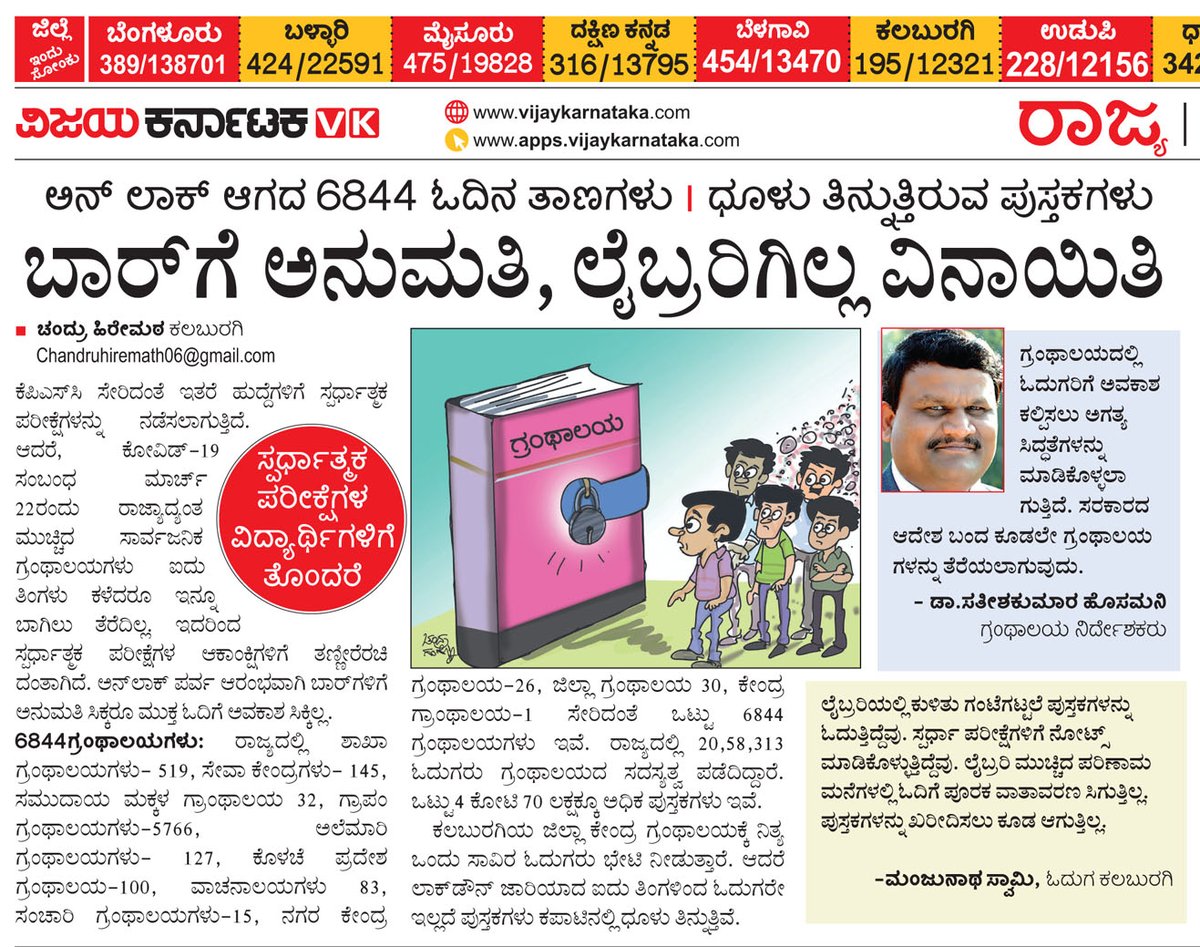 chandru062's tweet photo. ಬಾರ್ ಗೆ ಅನುಮತಿ, ಲೈಬ್ರರಿಗಿಲ್ಲ ವಿನಾಯಿತಿ ಇವತ್ತಿನ ವಿಜಯ ಕರ್ನಾಟಕ ಪತ್ರಿಕೆಯಲ್ಲಿ ಪ್ರಕಟವಾದ ಸ್ಟೋರಿ... https://t.co/pyeJpDBkOl