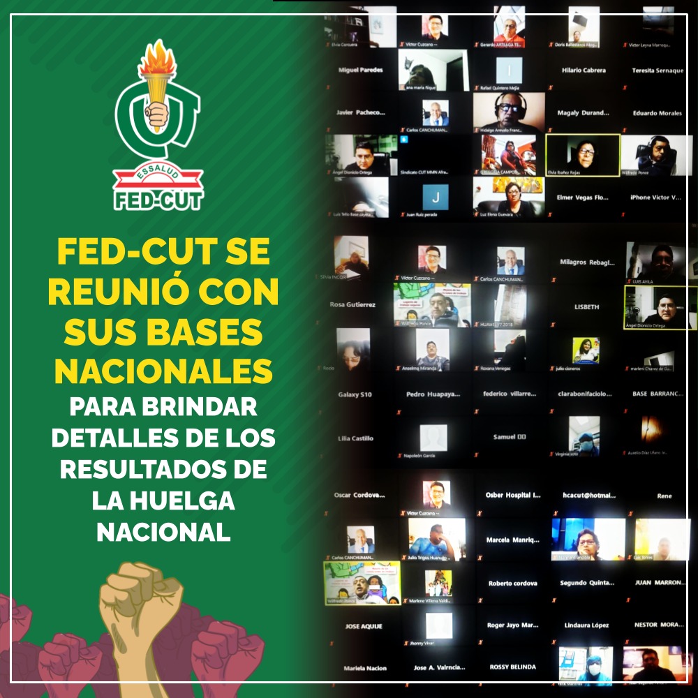 FedCut's tweet photo. 🗓 El Consejo Directivo Nacional de la FED-CUT realizó Asambleas Nacionales Virtuales con los Secretarios Generales de todo el país a fin de informar y absolver dudas en detalle sobre resultados y logros obtenidos en la #HuelgaEsSalud.
¡Viva la FED-CUT! ¡Unidos somos más fuertes! https://t.co/GgW4eqDBZV