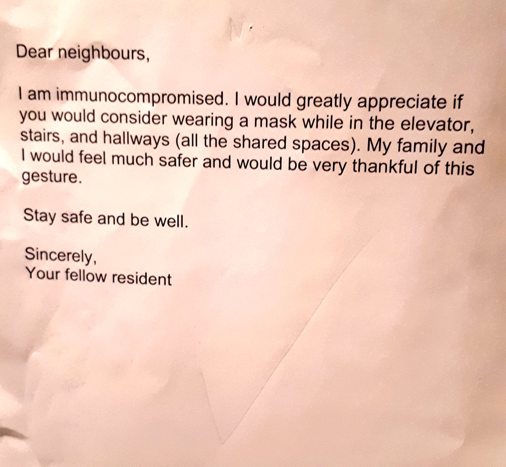 HaleyABranch's tweet photo. To the person who wrote "No" on this letter posted in my apartment building. You're part of the problem and why our #Covid19 numbers are rising. 

#EverydayAbleism #Ableism @cbcnewsbc @BCGovNews @GlobalBC #NewsBC @GlobalBC_Comm #DisabilityTwitter #NEISVoid https://t.co/4Y1SQd3NqZ
