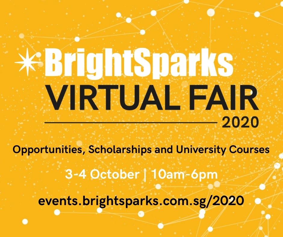 BrightSparksSg's tweet photo. On 3-4 October, join us for the BrightSparks Virtual Fair 2020, our very first online event 👫👫
Sign up: https://t.co/kpcO5eyMq1
#sgscholarship #scholarshipsg #brightsparks #scholarship #scholarships #bspfair #bspfair2020 #BrightSparksVirtualFair https://t.co/sMZAjyvCJR