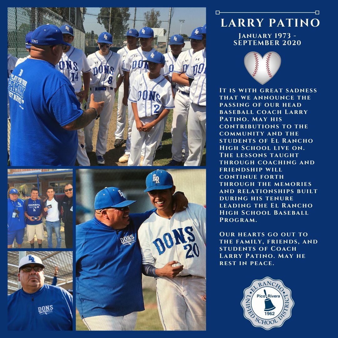 We are saddened to inform you that Larry Patino, Baseball Coach &amp; SSO @ El Rancho High School, has passed away. Please know the District will be providing mental health support services to any student or staff member who has a need. Call 562-801-7380 for more information.🌹
