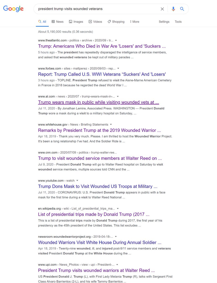 I can't wait for the DOJ to file their antitrust lawsuit against google. The first two search results that come up when you look for President Trump visiting wounded veterans aren't of the stories were he does just that, it's the fake report from The Atlantic. Complete garbage