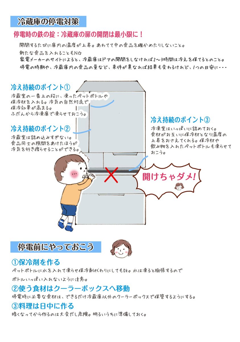 台風で停電のおそれもあります。心配なことの1つが冷蔵庫。冷えをできるだけ長く持続させる方法と、あらかじめやっておくとよい対策をまとめています。
役立つ情報だと思ったらリツイートしてもらえるとうれしいです。 #台風対策 #防災 #停電対策 