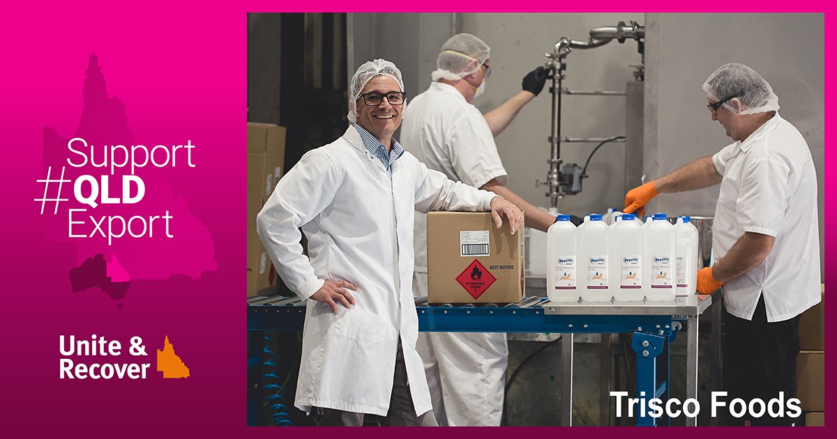 qldmigration's tweet photo. Lending a hand 👋: 2019 Queensland Exporter of the Year Trisco Foods is producing 5,000L of hand sanitiser weekly from their Carole Park factory. Read their #SupportQLDExport story: https://t.co/rv7s133bVp https://t.co/wGW97Pz4Rd