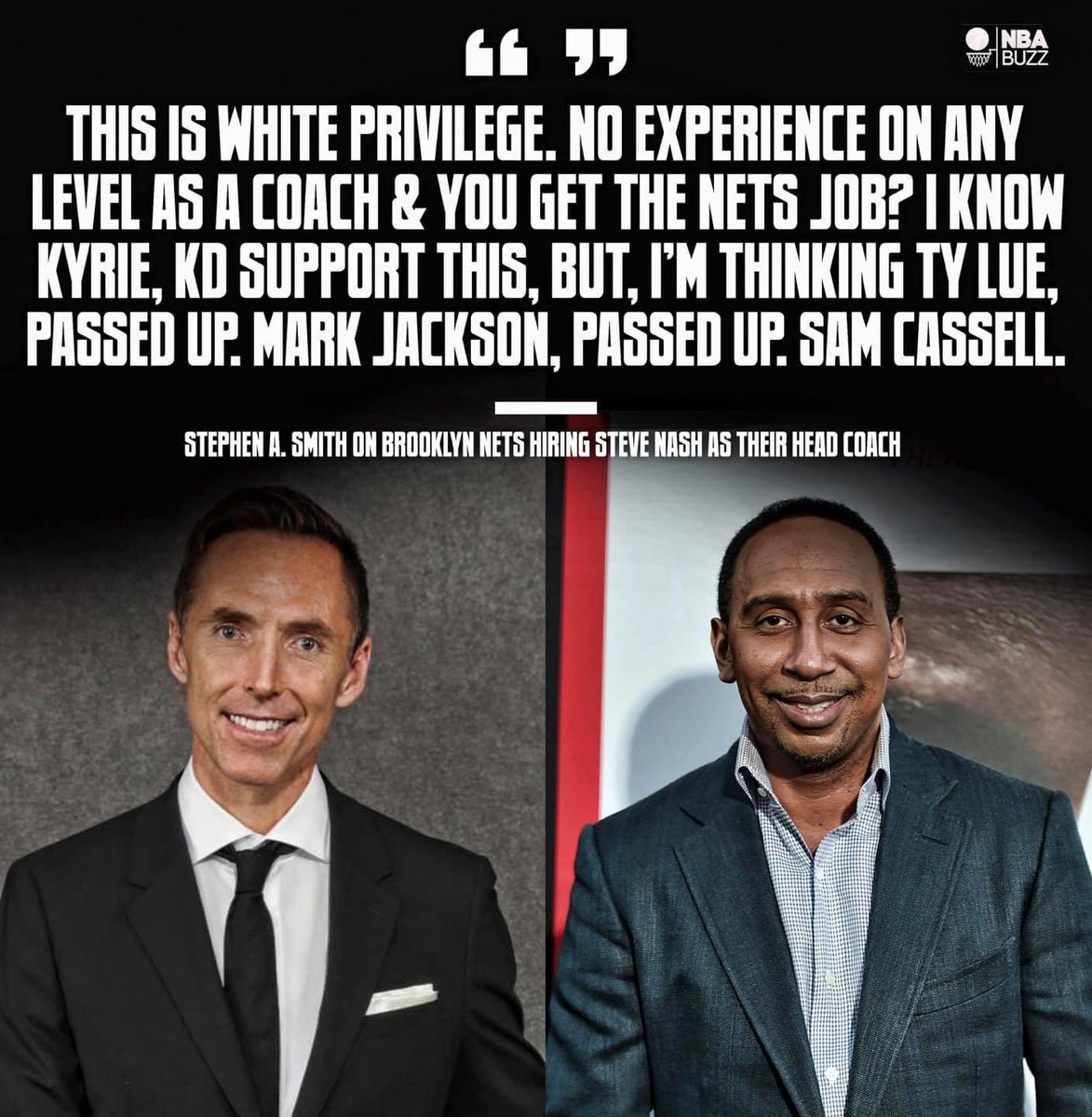 savethename's tweet photo. @stephenasmith should be fired for making a discriminatory &amp; racist comment about #stevenash hiring by the @BrooklynNets https://t.co/sOtpyrAR8H