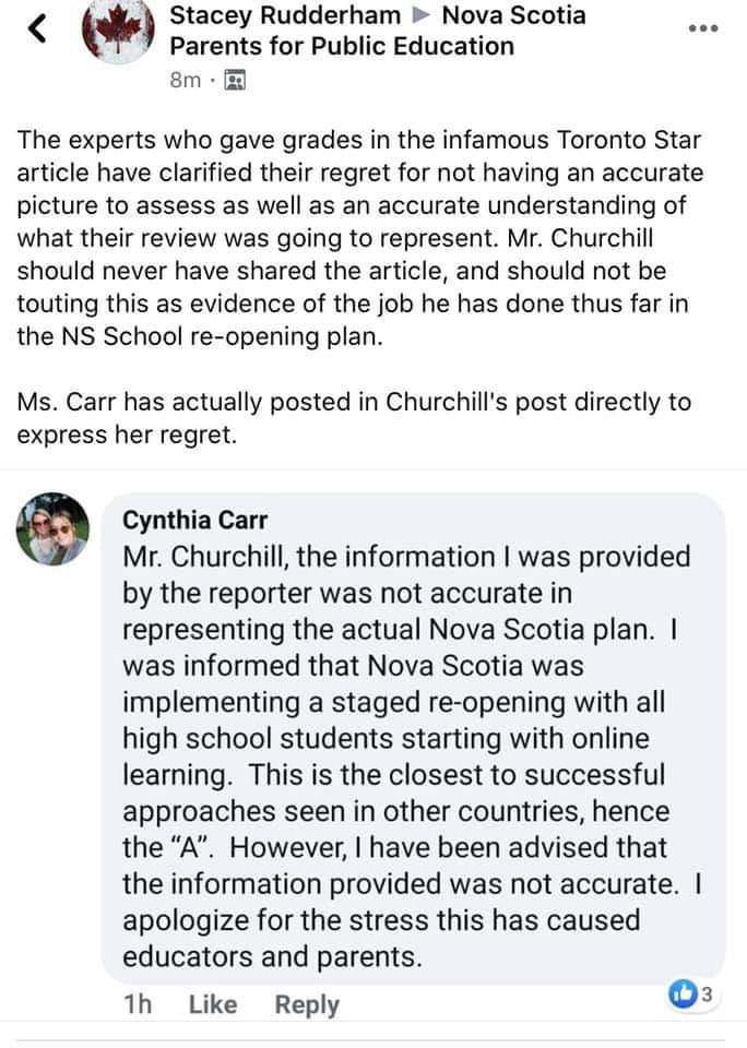 Nancie_PD's tweet photo. Expert Cynthia Carr told @zachchurchill she gave the NS back to school plan a high grade b/c she was told high schools would start 100% online.That was NOT TRUE yet Churchill keeps spewing the false grade even though she told him she was given misinformation. #SafeSeptemberNS https://t.co/RHJj7KYACB