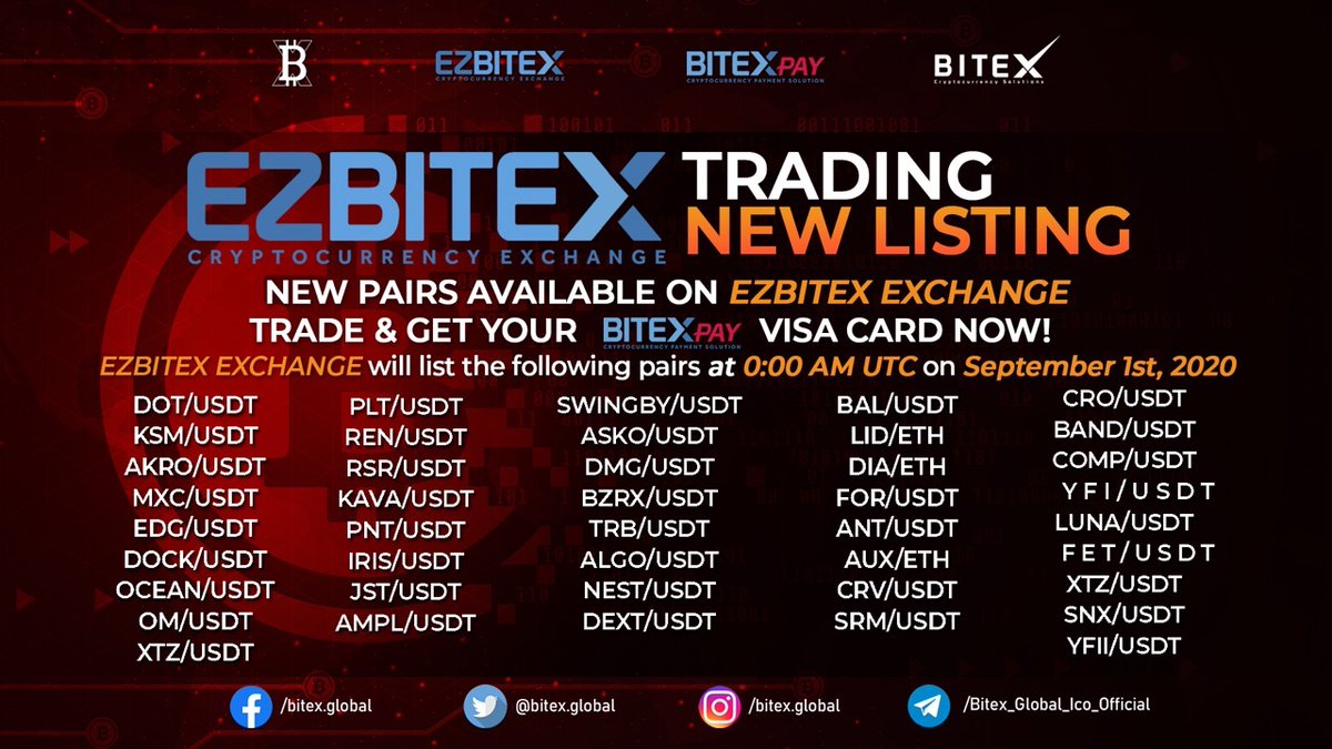 Bitex_Global's tweet photo. Dear EZBITEX Users and  @LID_Protocol  supporters

We are glad to welcome 🔥🔥🔥🚀 @LID_Protocol   to the EZBITEX EXCHANGE 

https://t.co/sgBy6w8jOO

EZBITEX EXCHANGE has listed the above pairs at 0:00 AM UTC on September 1st, 2020🔥🔥🔥🚀 https://t.co/6jnZDVktkl
