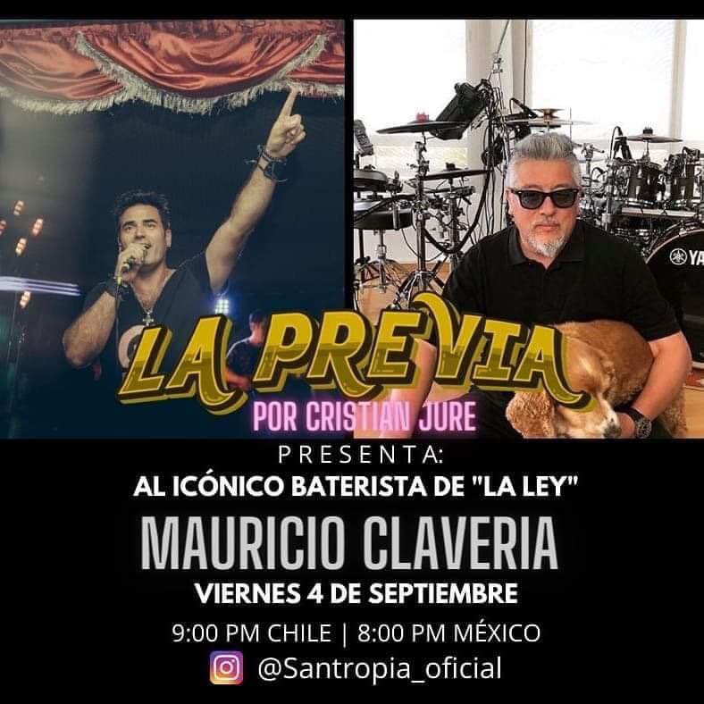 Comunidad Mañana 21 hrs Chile/20 hrs México 
Cristian Jure Santropia conversa con <a href="/Mauricio7/">🥁🥁Mauricio Clavería.</a> en La Previa.
Instagram Live #Santropia_Oficial
#MauricioClaveria
#CDCMéxico