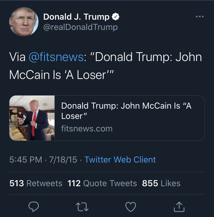 Jordanfabian's tweet photo. Trump 2020: “I never called John a loser”
Trump 2015: “John McCain is a loser” https://t.co/pdySqEvKYB