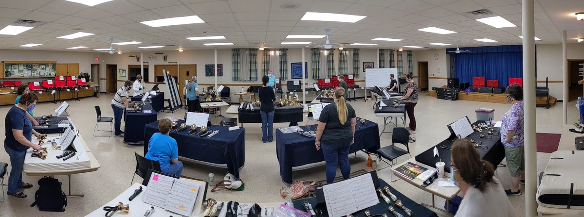 Tried a new setup for rehearsal tonight. #rivercityringers #socialdistancedhandbells #justgladtoberinging