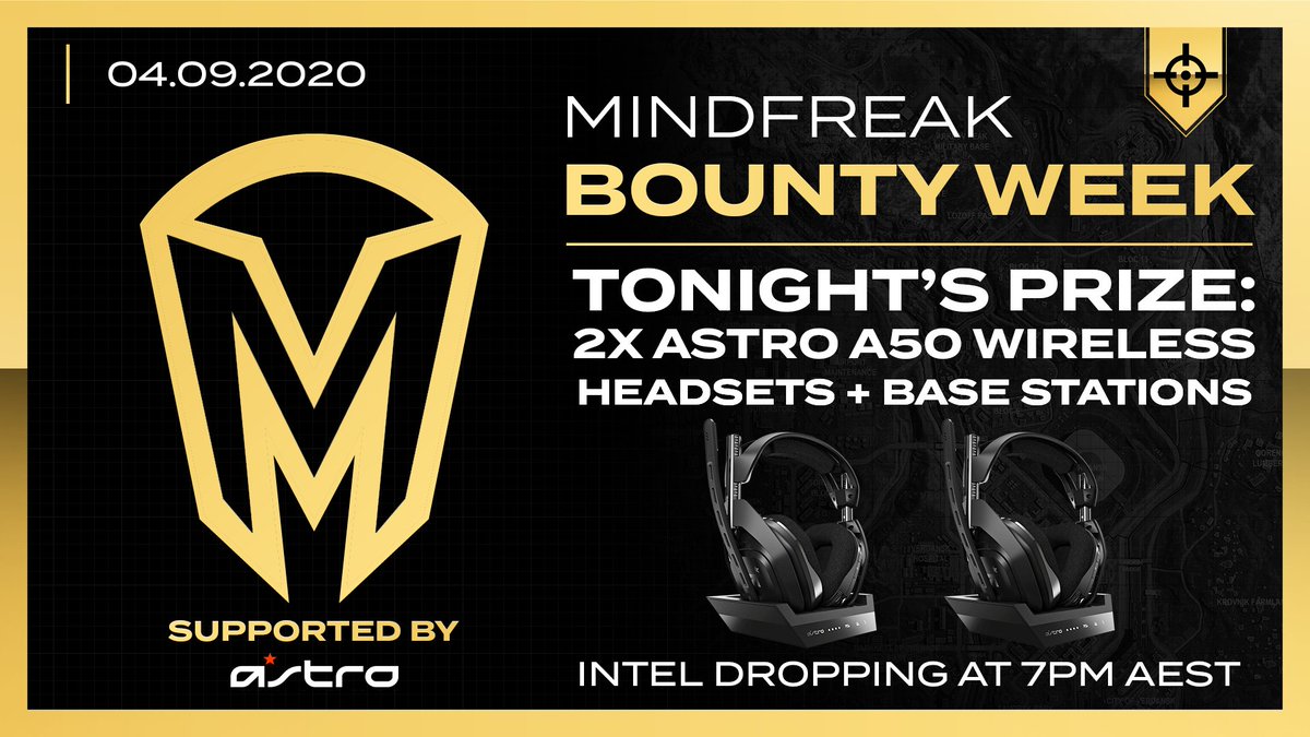 Mindfreak's tweet photo. We're closing out #MFBountyWeek with a bang!
Tonight's Duo #Warzone challenge will be our most difficult to date, but it comes with the biggest prize yet π€―
Two Astro A50 Wireless Headsets + Base Stations are on the line.
7PM AEST. Be ready.
@ASTROGaming | @LogitechG_ANZ https://t.co/CcCrDcShWj