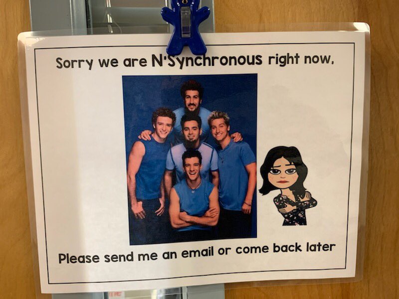 Our amazing teachers are using technology in their classrooms while they instruct via live video meetings for remote/in-home learning. Love this posting outside a classroom—best new “do not disturb” sign I’ve seen! 😂❤️ #RSDexcellence #techlevy #nsynch #synchronous