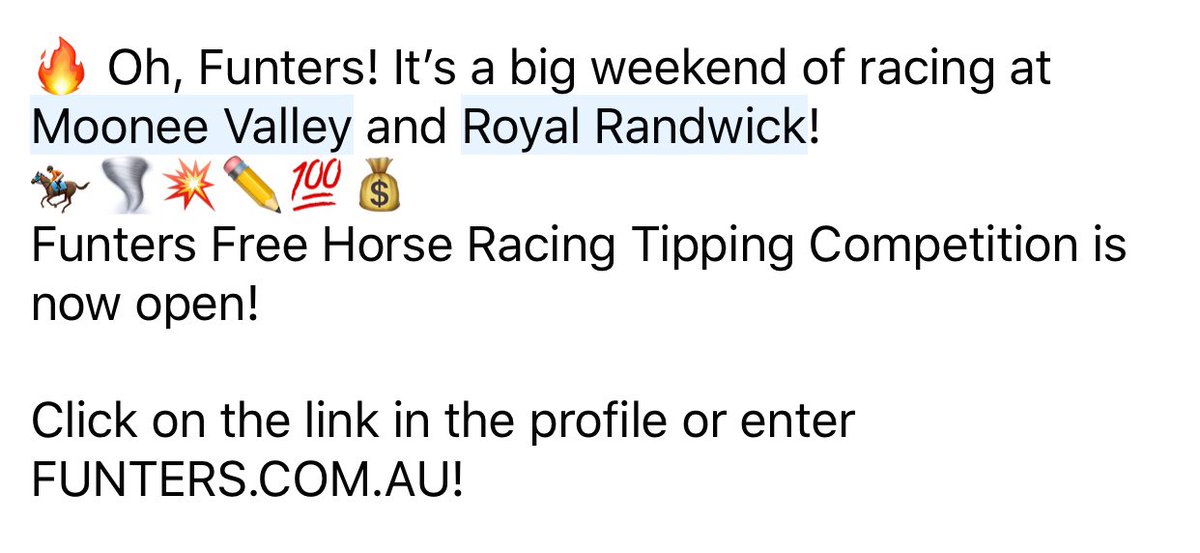 Funters3's tweet photo. #win #free #MoonahLinksGolf #SquiresLoft #HarpOfErin #SimplyFreshFruit #Burnley #beer #Sportsbet #horseracing #tipping #competition #funters #fun #funting #punting #Saturday #MelbourneRacingClub #MelbRacingClub #MooneeValleyRacingClub #RoyalRandwick
https://t.co/BP7OW4SBjD https://t.co/7Ln4Enrfpv