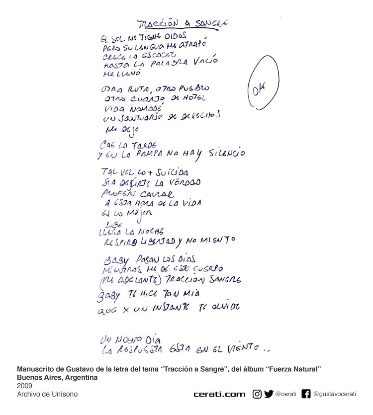 cerati's tweet photo. En este día tan especial, queremos recordar a Gustavo con su manuscrito del tema "Tracción a Sangre", de su disco "Fuerza Natural".
Familia Cerati https://t.co/r6umX4Nv0Q